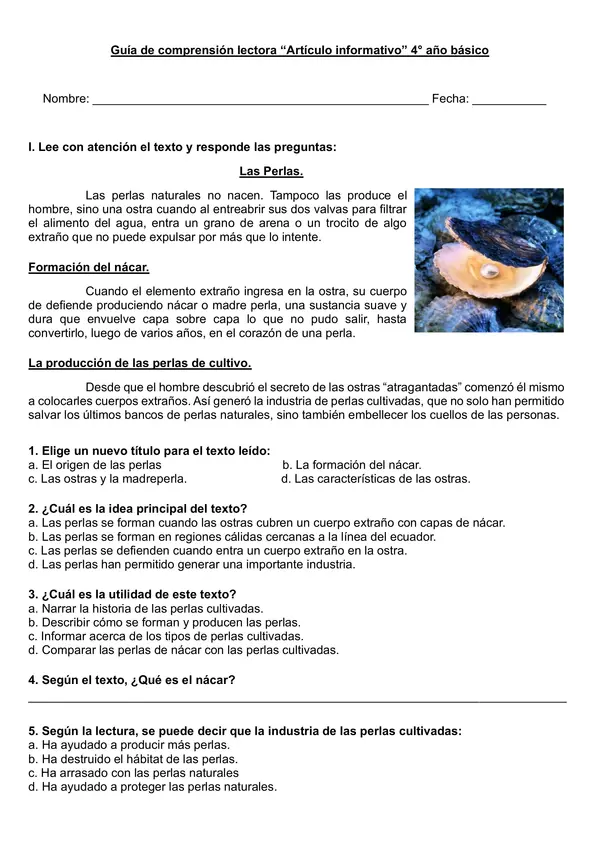 Guía de comprensión "Artículo informativo: Las perlas" 4° año básico.