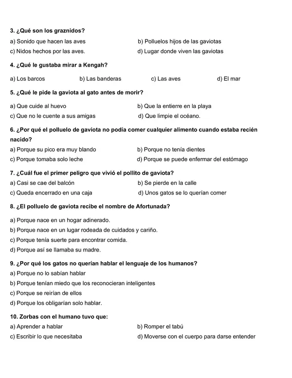 ''Evaluación escrita, Historia de una gaviota y del gato que le enseñó a volar''