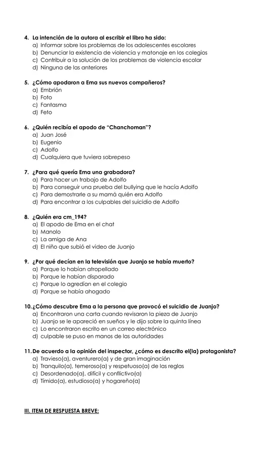 CONTROL DE LECTURA "UN SECRETO EN MI COLEGIO" 7° BÁSICO