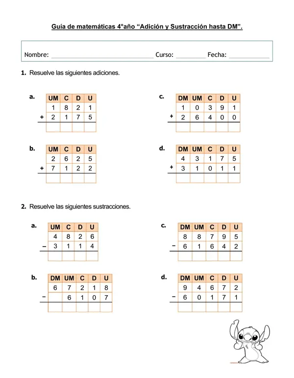 Guía de matemática "Adición y Sustracción hasta la DM"
