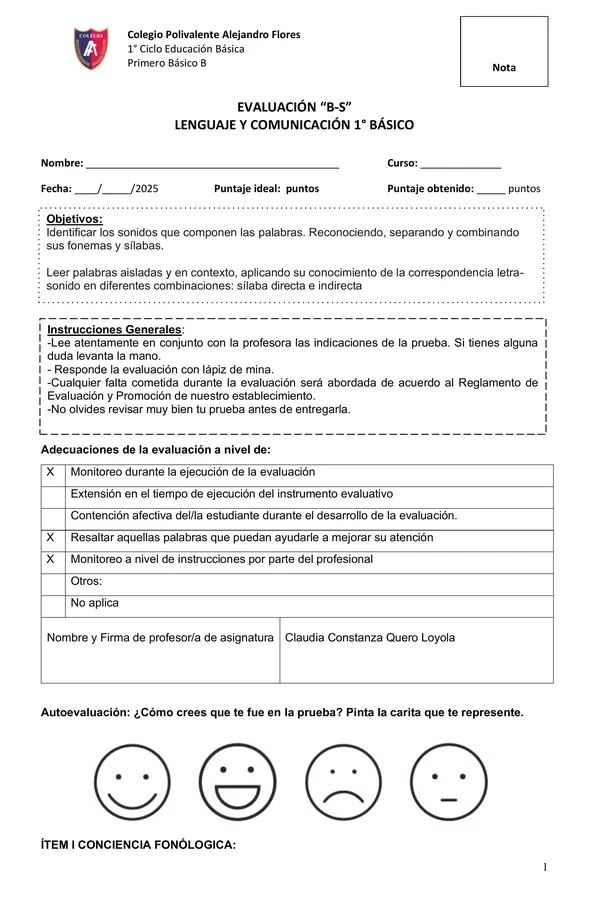 Evaluación fonemas B - S y lectura comprensiva