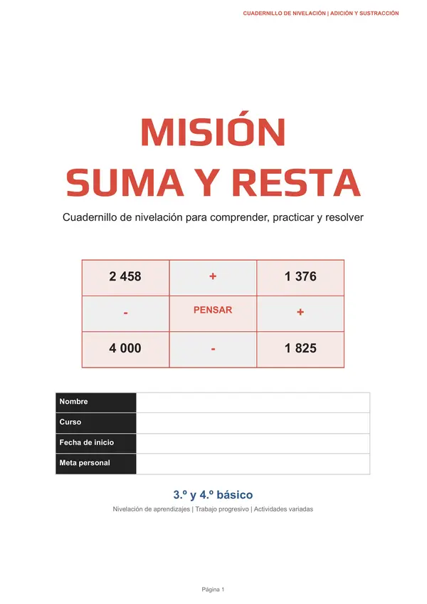 Suma y Resta | Cuadernillo de Nivelación de Adiciones y Sustracciones para 3.º y 4.º Básico 