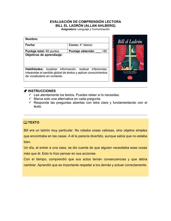 Prueba del libro "Bill, el ladrón" (Allan Ahlberg)