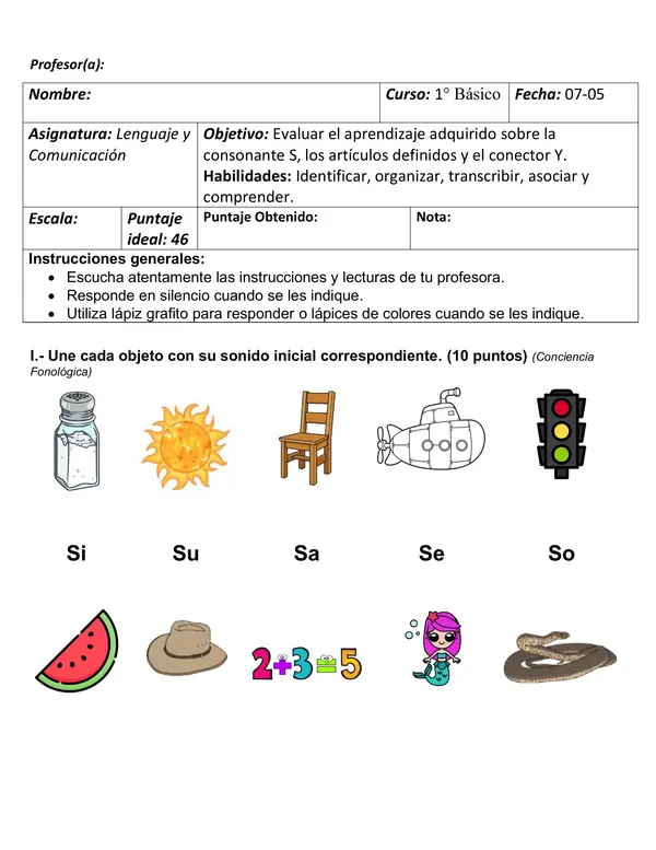 Evaluación Consonantes S-Artículos y Conector Y