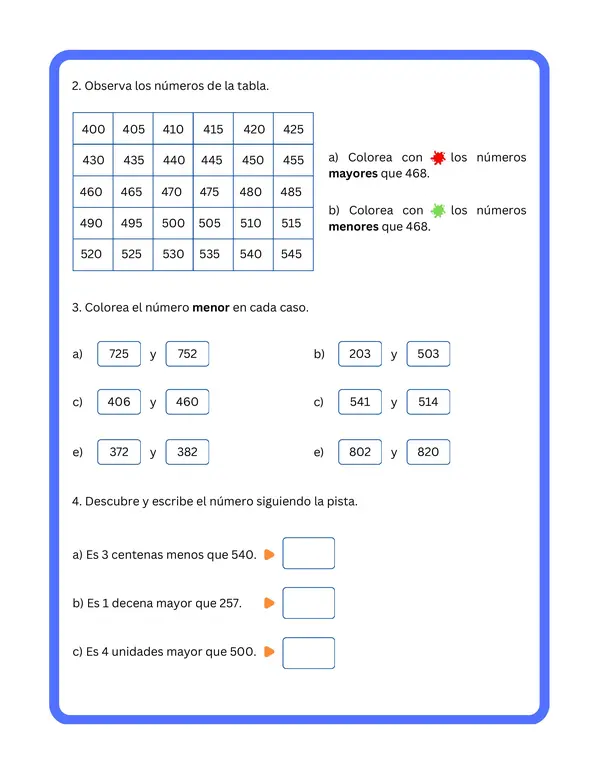 3° básico - Ficha de aprendizaje "Comparación en la tabla posicional"