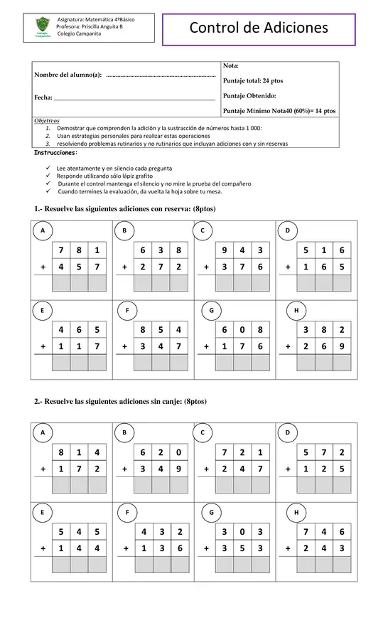 control de adiciones cuarto básico 