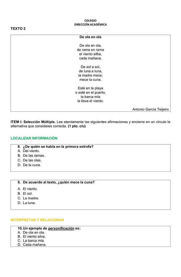 Evaluación lenguaje y comunicación 5°B