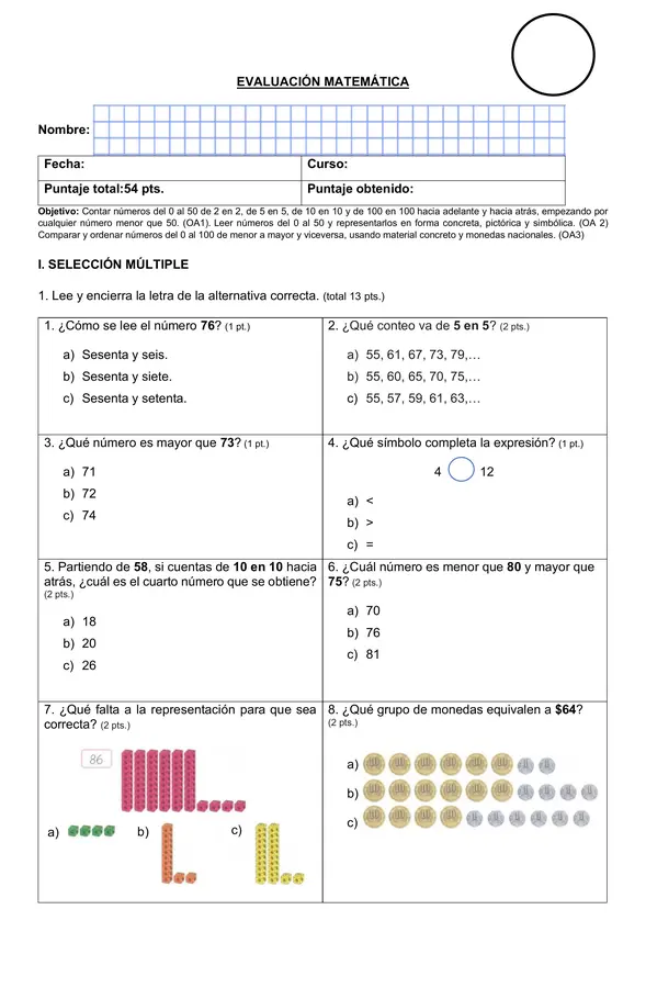 Conteo, lectura y comparación de números hasta el 100.