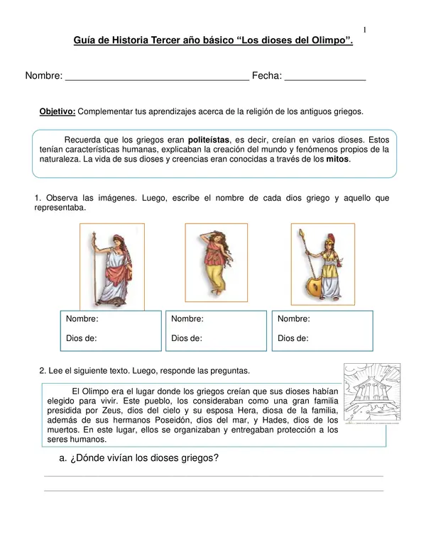 Guía de historia "Dioses del Olimpo" Tercer año