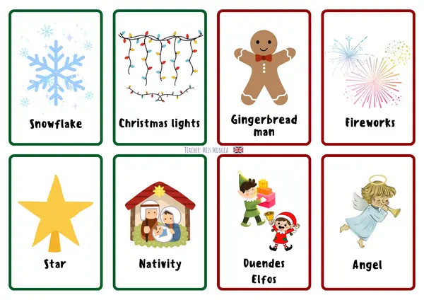 Flashcard de Navidad en Ingles y actividad para decorar y pintar varitas de navidad