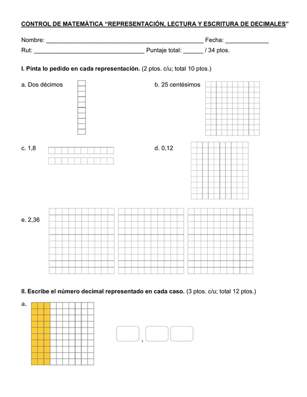 Control 4°año "Representación, lectura y escritura de decimales"