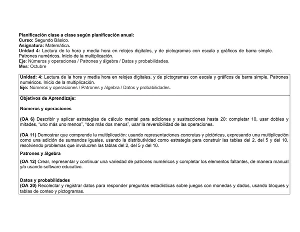 Planificación Clase a Clase: Octubre | Matemática Segundo Básico