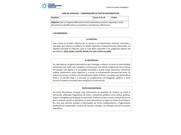 Guía comparación de textos informativos