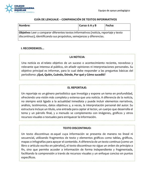 Guía comparación de textos informativos