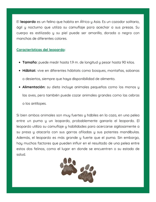 Comprensión lectora: Artículo informativo - Diferencias entre puma y leopardo