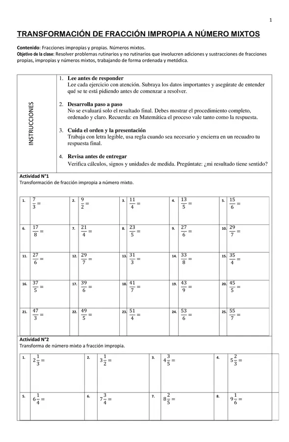GUÍA DE TRANSFORMACIÓN DE FRACCIÓN IMPROPIA A NÚMERO MIXTO.