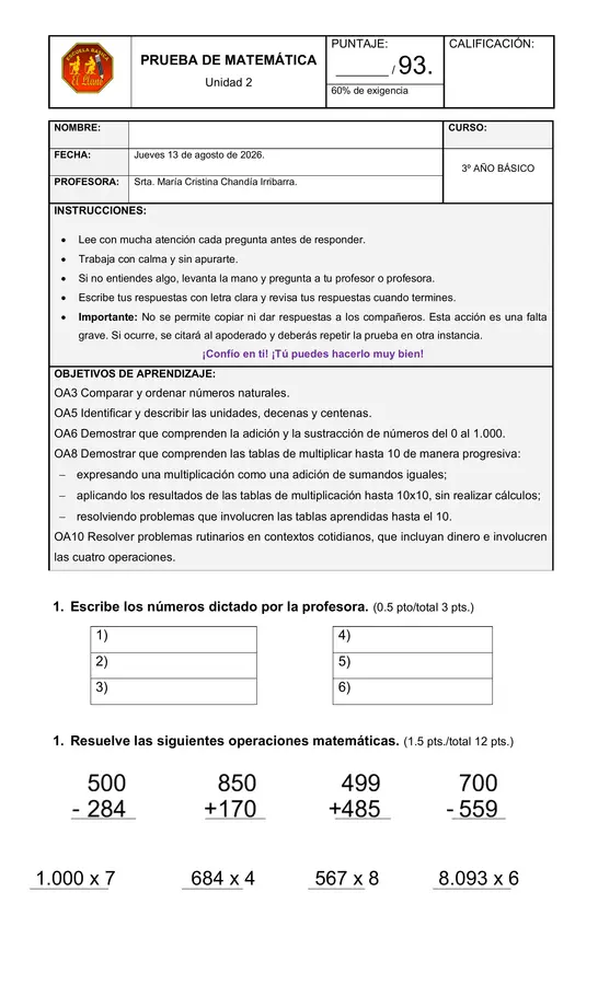Prueba de matemática tercero básico