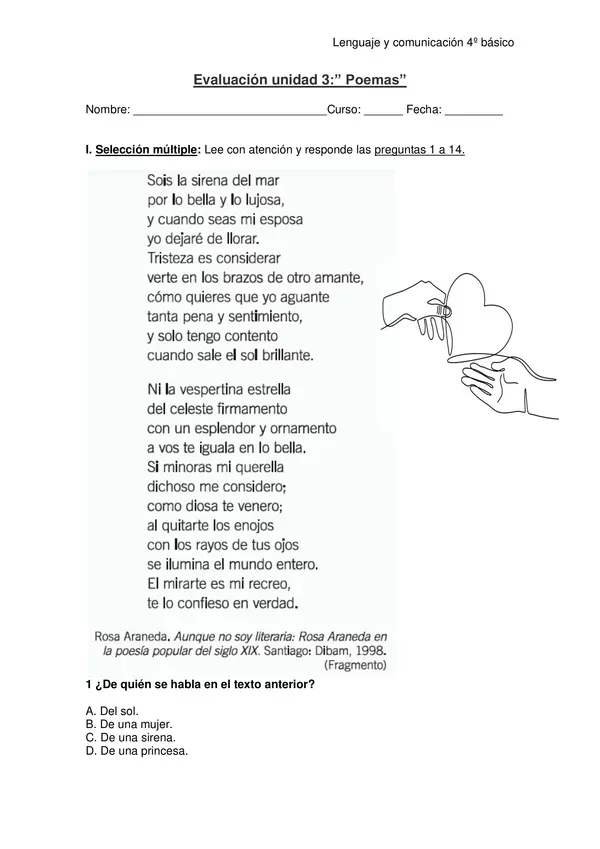 Evaluación lenguaje 4°básico unidad: "Poema"