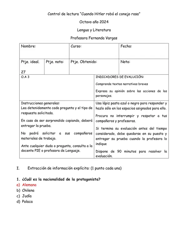 Control de lectura "Cuando Hitler robó el conejo rosa"