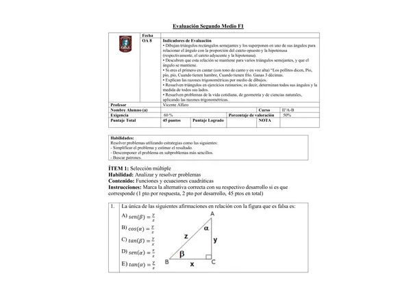 Evaluación trigonometría segundo medio