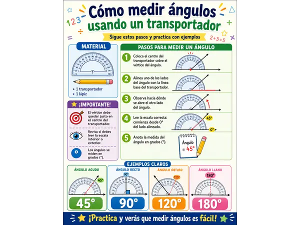 Cartel Educativo sobre cómo medir ángulos con el transportador