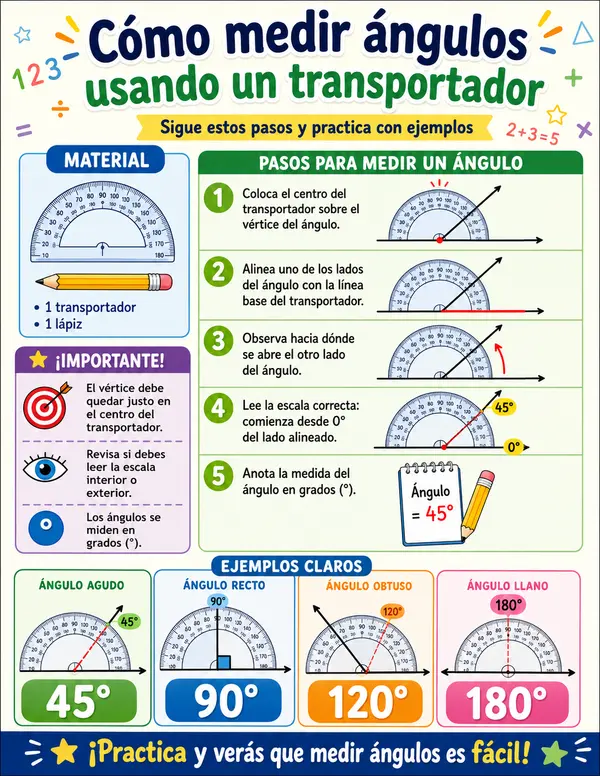 Cartel Educativo sobre cómo medir ángulos con el transportador
