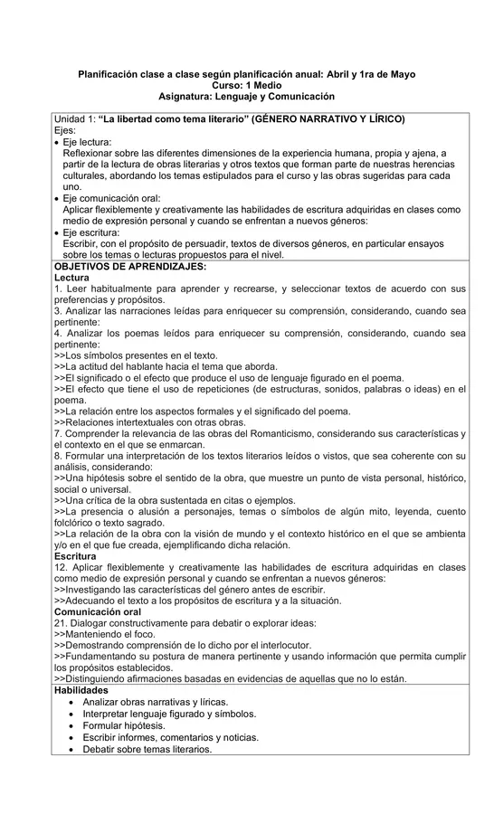 Planificación Clase a Clase: Abril | Lenguaje y Comunicación 1° Medio
