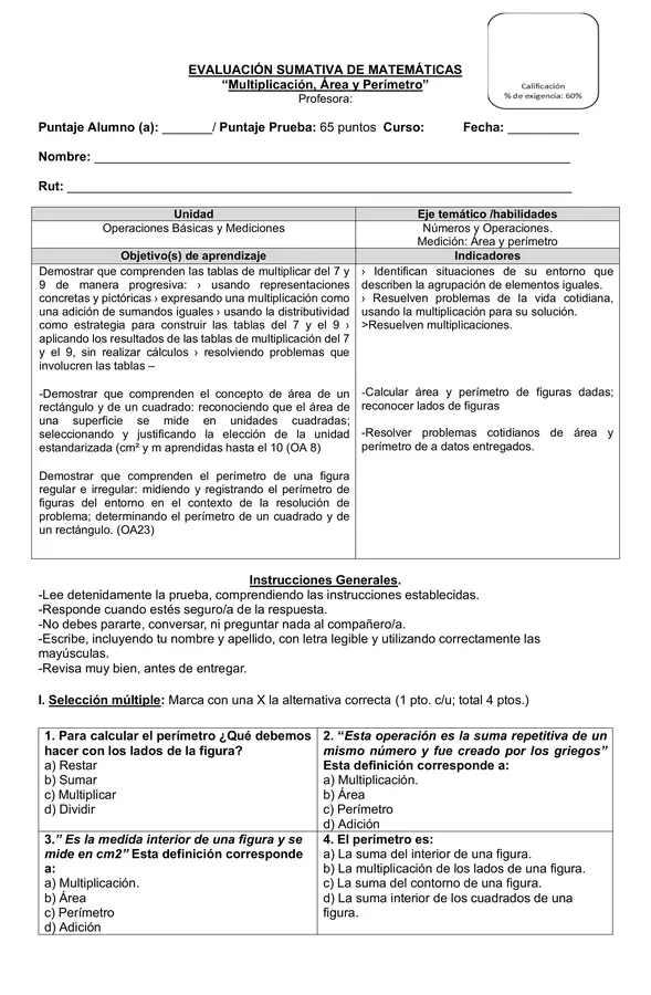 Prueba 4°año "Multiplicación, área y perímetro"