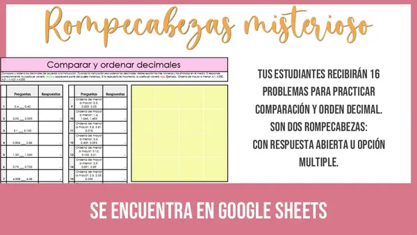 Comparar y ordenar decimales Rompecabezas Misterioso