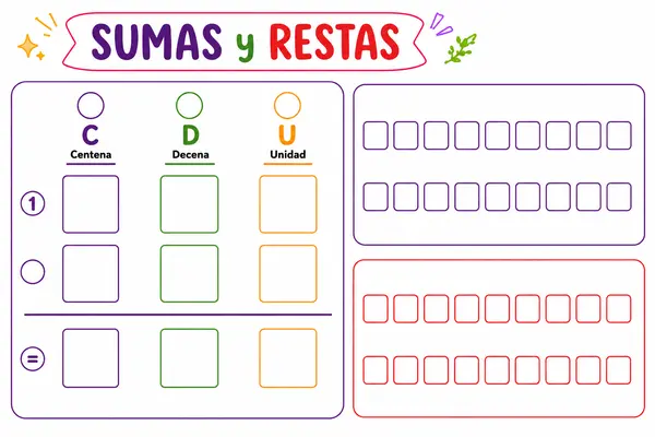 Plantilla de Sumas y Restas con Material Base 10 ➕➖