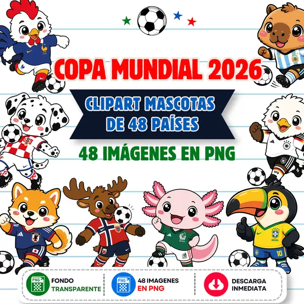 Pack 48 Mascotas Copa Mundial 2026 PNG | Animales de los 48 Países