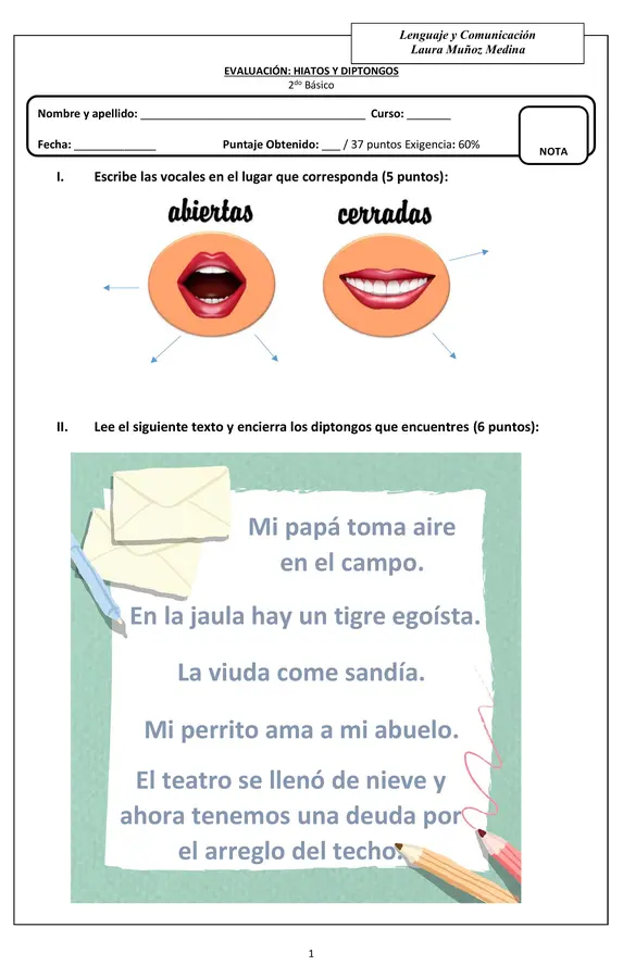 Evaluación de lenguaje hiatos y diptongos