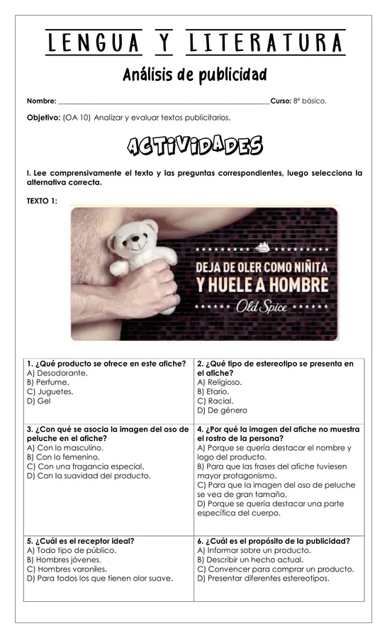 Guía de trabajo - Análisis de publicidad - 8° básico (Lengua y literatura) 