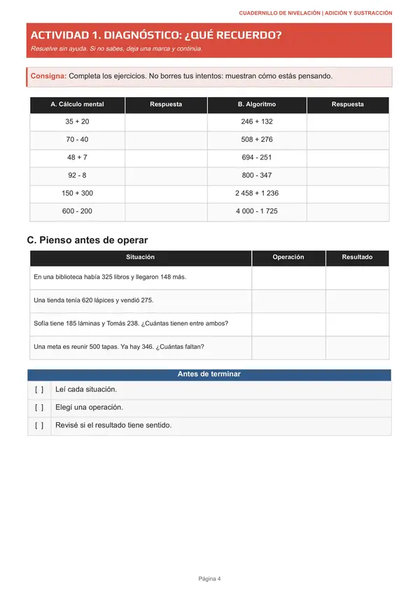 Suma y Resta | Cuadernillo de Nivelación de Adiciones y Sustracciones para 3.º y 4.º Básico 