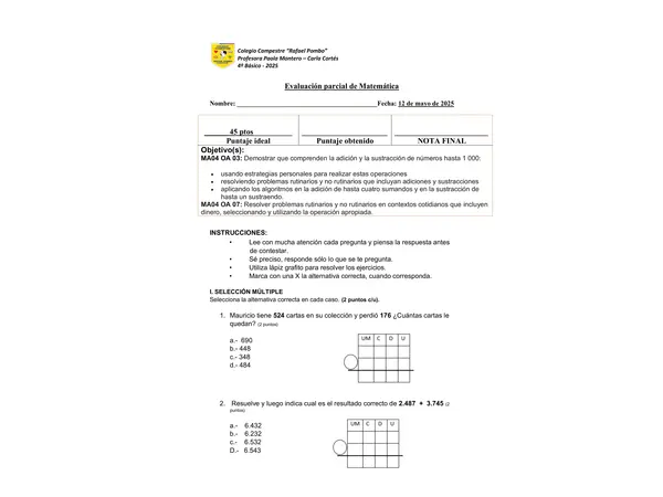 PRUEBA ADICIÓN, SUSTRACCIÓN Y SISTEMA MONETARIO CHILENO