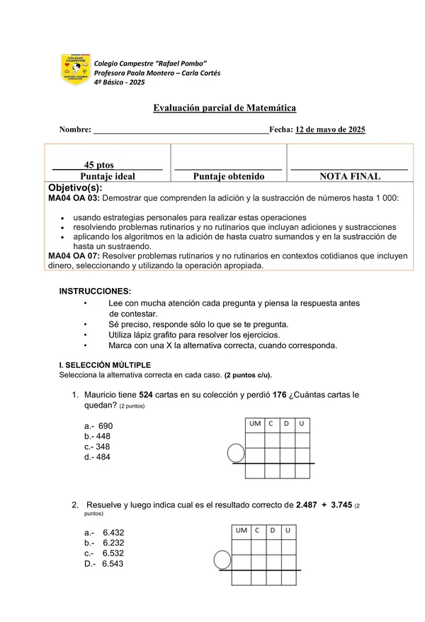 PRUEBA ADICIÓN, SUSTRACCIÓN Y SISTEMA MONETARIO CHILENO