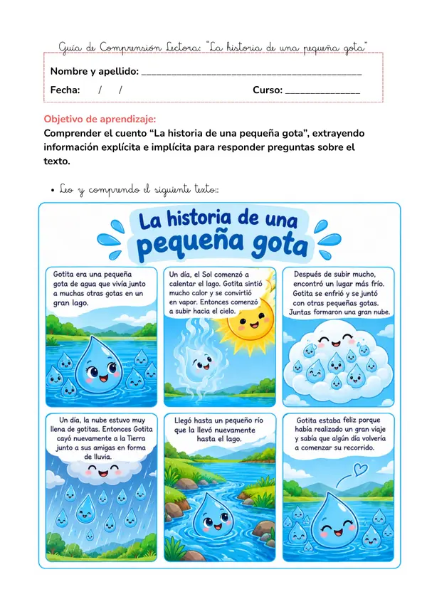 Guía de Comprensión Lectora y Ciclo del Agua (2° Básico)