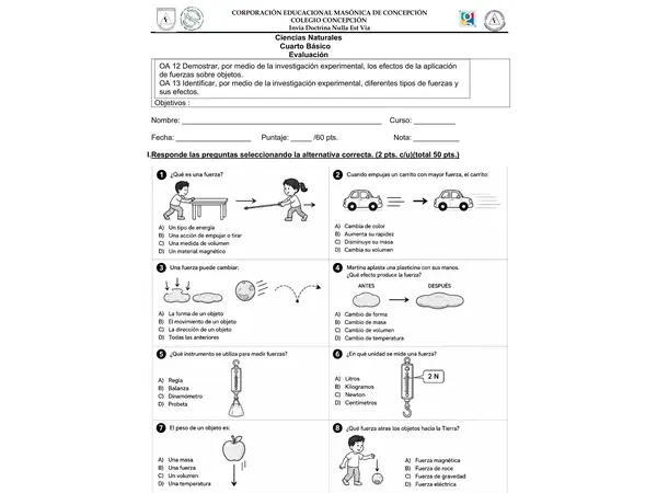 Evaluación Fuerza y Movimiento | Ciencias Naturales 4° Básico