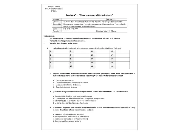 Evaluación N° 1: “El ser humano y el Renacimiento”