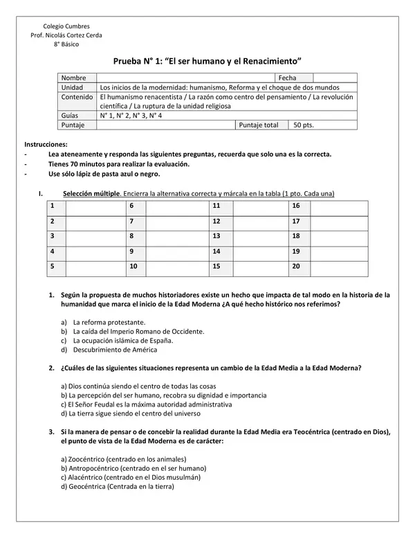 Evaluación N° 1: “El ser humano y el Renacimiento”