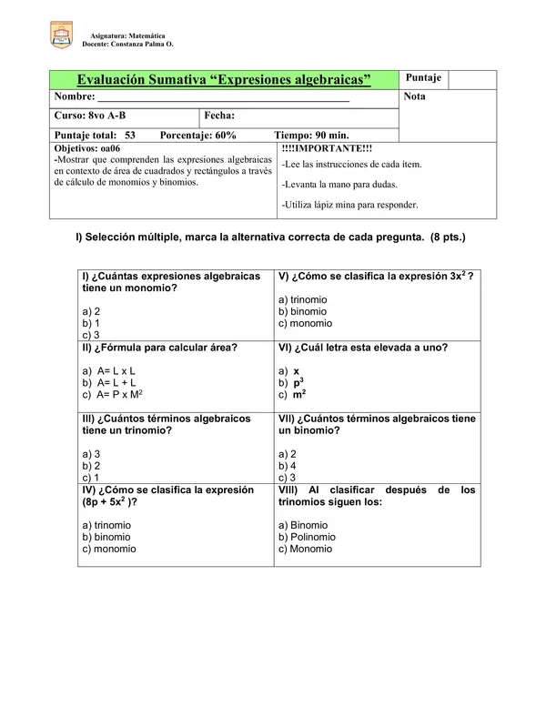 Evaluación oa06 monomios y binomios 8vo 