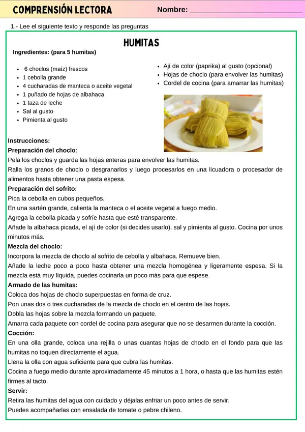 Lenguaje: Comprensión Lectora - Recetas Chilenas