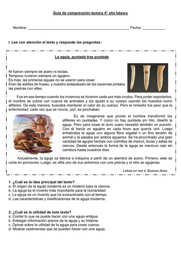 Guía de comprensión lectora "Artículo informativo: Historia de la aguja" 4° básico