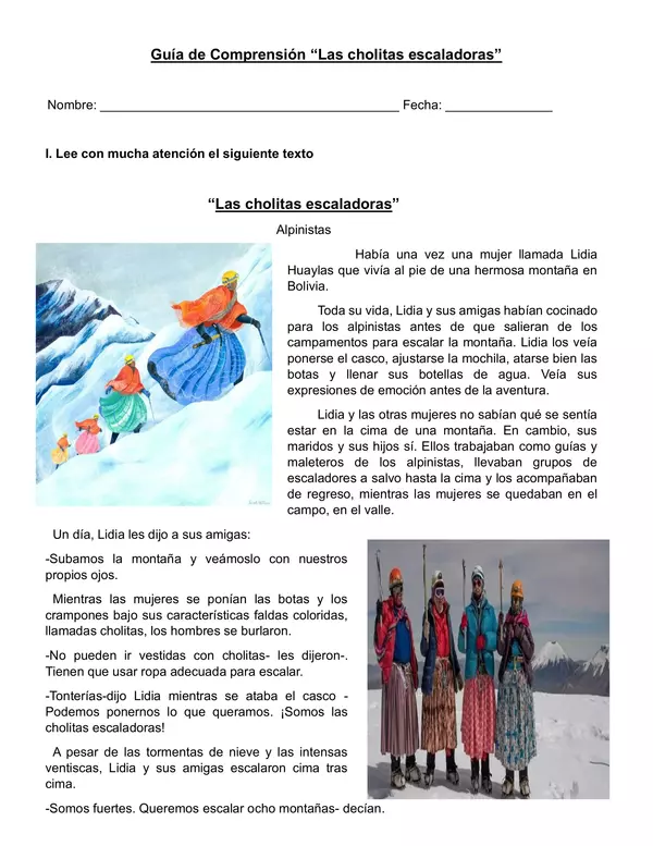Guía de comprensión "Cholitas escaladoras" 8 de marzo día de la mujer.