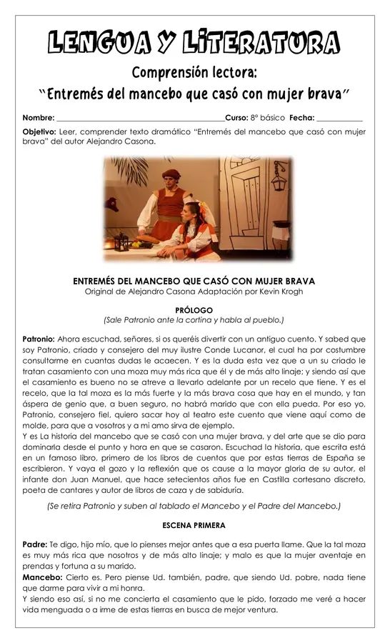Guía de trabajo - Entremés del mancebo que casó con mujer brava- 8°