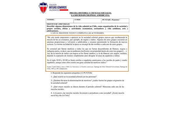 EVALUACIÓN LA SOCIEDAD COLONIAL AMERIC