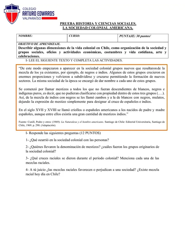 EVALUACIÓN LA SOCIEDAD COLONIAL AMERIC