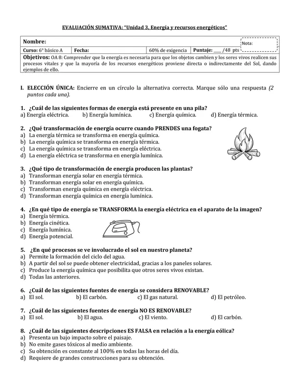 EVALUACIÓN 6° básico: “Unidad 3, Energía y recursos energéticos"