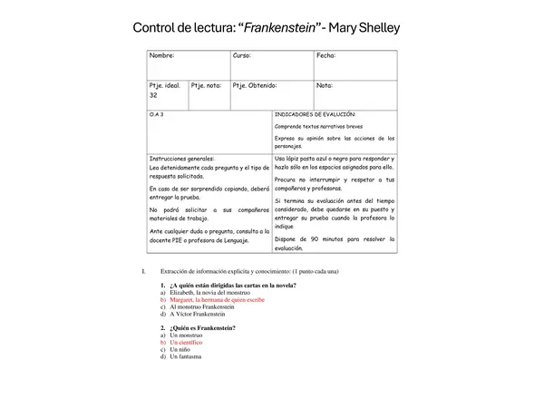 Control de lectura de "Frankenstein"