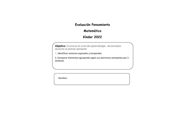 Evaluación  1semestre  pensamiento matemático Kinder